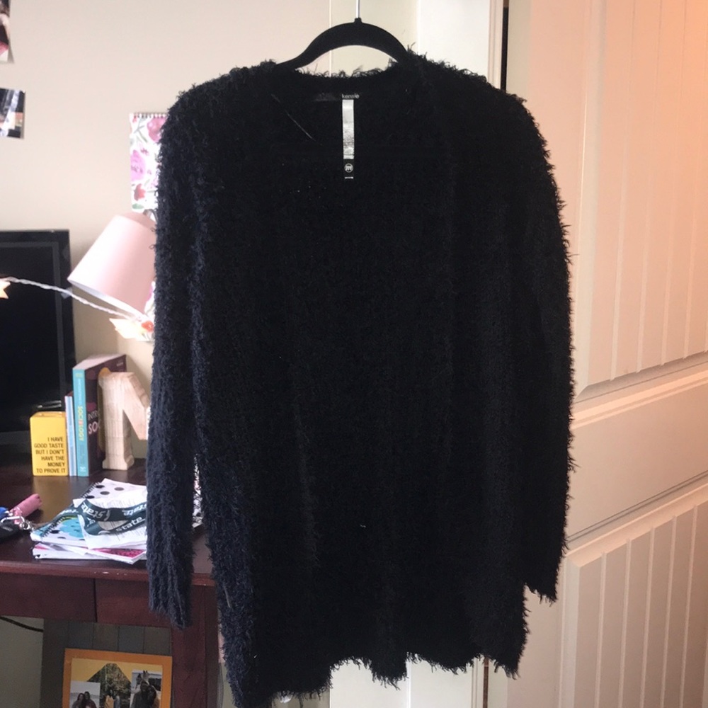 KENSIE - Long Black Fuzzy Cardigan